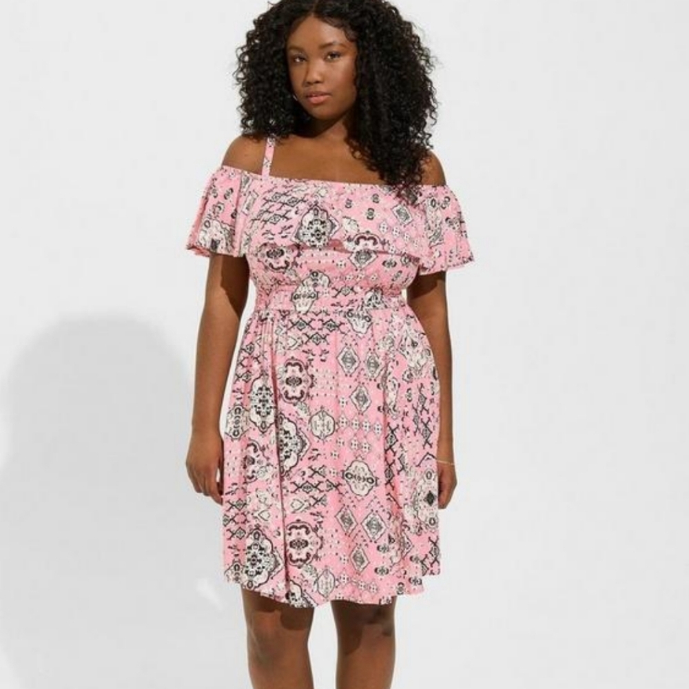 Size 2x Torrid Challis Off-shoulder Pink Print Skater Dress